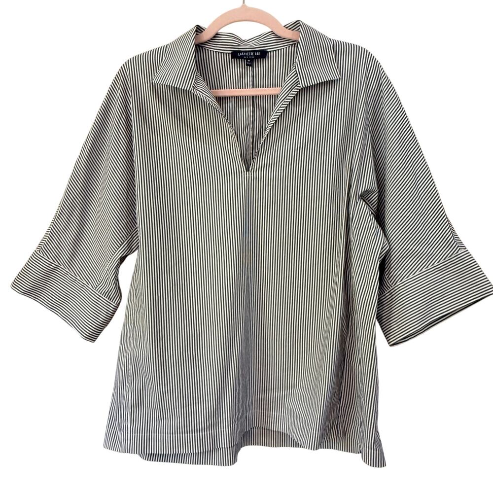 LAFAYETTE 148 Popover Top Medium Charcoal Black Stripe Stretch Cotton Poplin